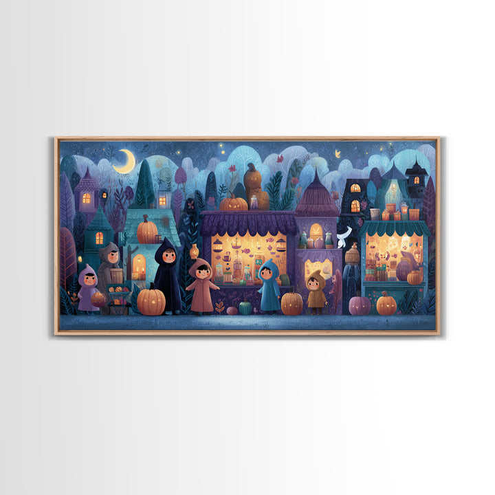The Lantern Market Beyond The Veil, Vector Halloween Art, Wide Panoramic Art, Framed Canvas Print, Cute Halloween Wall Art