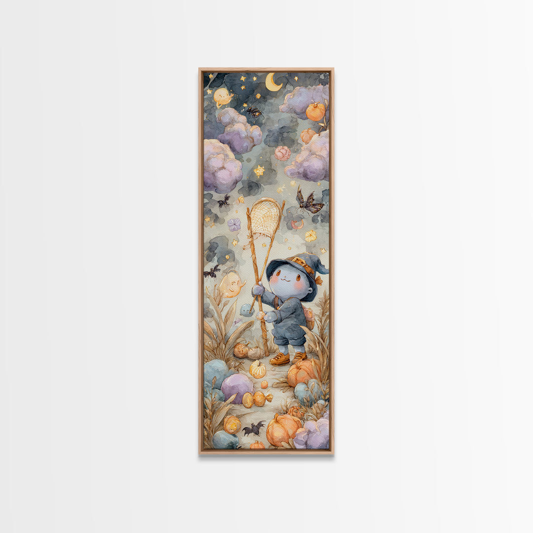 The Cloud-Catching Wizard, Watercolor Halloween Art, Tall Narrow Wall Art, Framed Canvas Print, Cute Halloween Wall Art