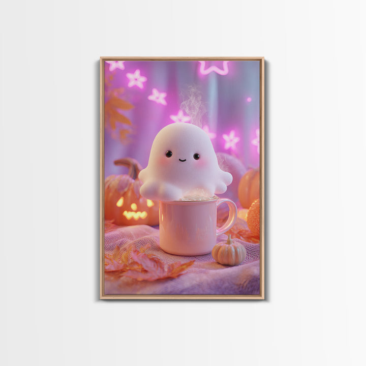The Marshmallow Ghost, Vaporwave Halloween Decor, Vertical Wall Art, Framed Canvas Print, Retro Halloween Decor, Neon Wall Art