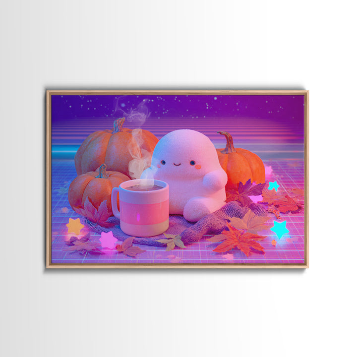 The Marshmallow Ghost, Cute Spooky Neon Art, Landscape Wall Art, Framed Canvas Print, Retro Halloween Decor, Neon Wall Art, Macabre Wall Art