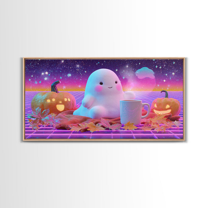 The Marshmallow Ghost, Cute Spooky Neon Art, Wide Panoramic Art, Canvas Print, Retro Halloween Decor, Neon Wall Art, Seasonal Home Decor
