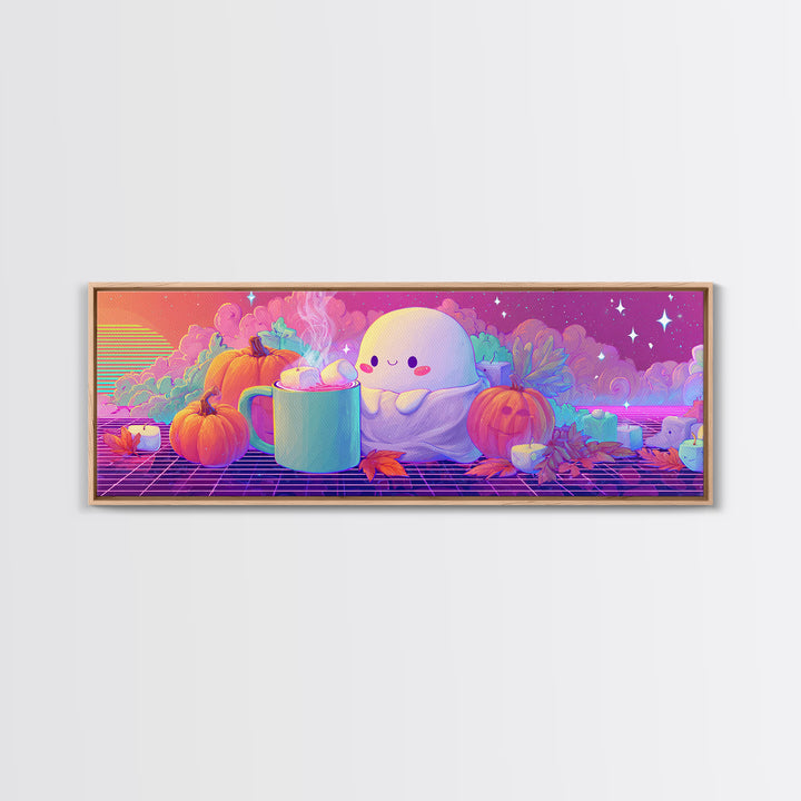 The Marshmallow Ghost, Retro Neon Halloween Art, Extra Wide Wall Art, Framed Canvas Print, Retro Halloween Decor, Neon Wall Art