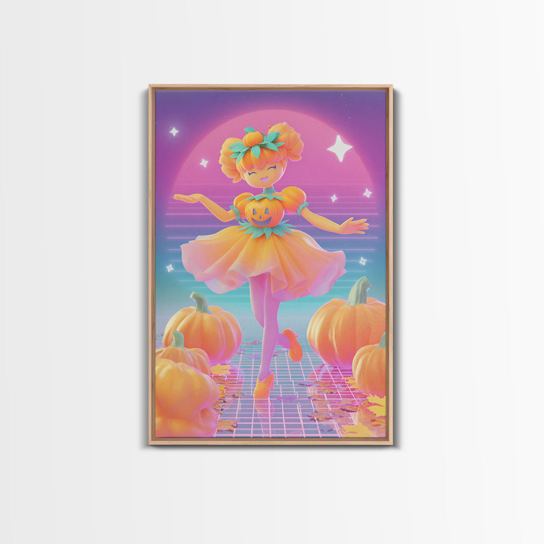 The Pumpkin Princess, Cute Spooky Neon Art, Vertical Wall Art, Framed Canvas Print, Retro Halloween Decor, Neon Wall Art, Dark Fantasy Art