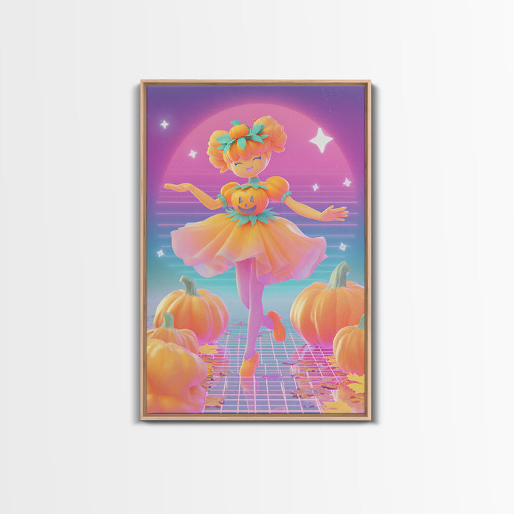 The Pumpkin Princess, Cute Spooky Neon Art, Vertical Wall Art, Framed Canvas Print, Retro Halloween Decor, Neon Wall Art, Dark Fantasy Art