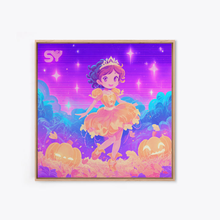 The Pumpkin Princess, Cute Spooky Neon Art, Square Wall Art, Canvas Print, Retro Halloween Decor, Neon Wall Art, Collectible Wall Decor