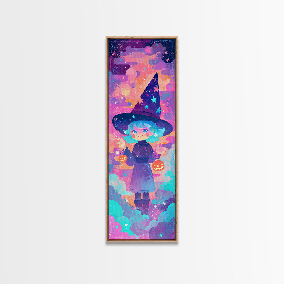 The Little Star Witch, Vaporwave Halloween Decor, Tall Narrow Wall Art, Framed Canvas Print, Retro Halloween Decor, Neon Wall Art