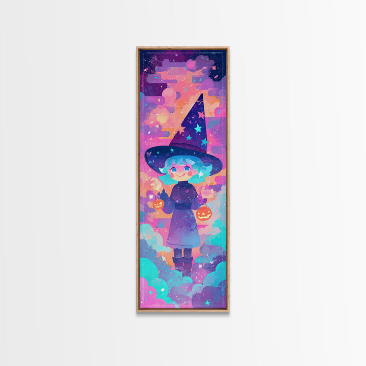 The Little Star Witch, Vaporwave Halloween Decor, Tall Narrow Wall Art, Framed Canvas Print, Retro Halloween Decor, Neon Wall Art