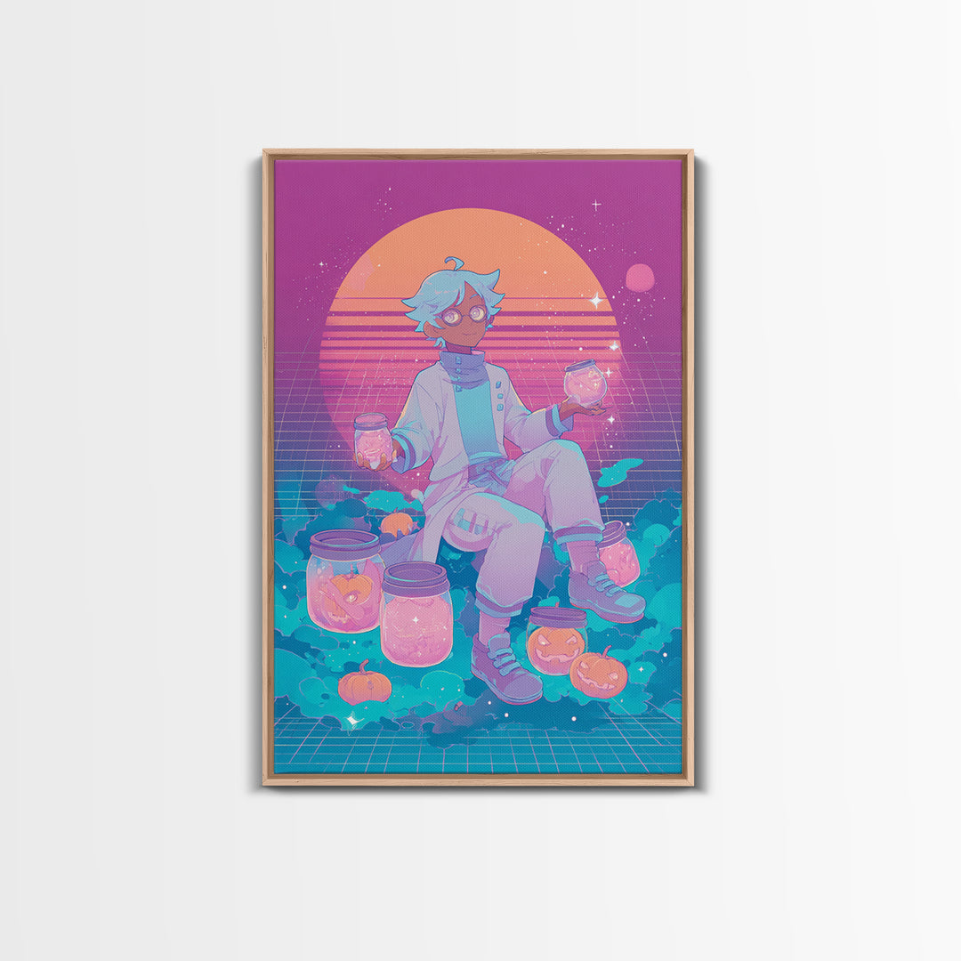 The Moonbeam Wizard, Vaporwave Halloween Decor, Vertical Wall Art, Framed Canvas Print, Retro Halloween Decor, Neon Wall Art