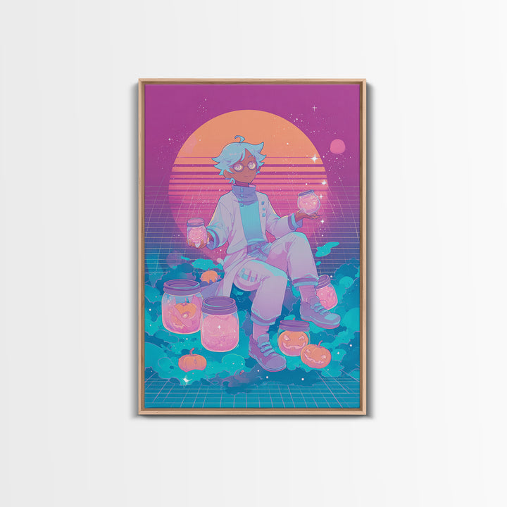 The Moonbeam Wizard, Vaporwave Halloween Decor, Vertical Wall Art, Framed Canvas Print, Retro Halloween Decor, Neon Wall Art