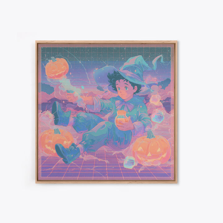 The Moonbeam Wizard, 80s Halloween Wall Art, Square Wall Art, Canvas Print, Retro Halloween Decor, Neon Wall Art, Collectible Wall Decor