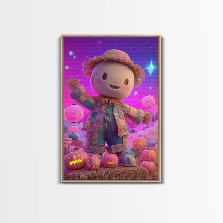 The Button-Nosed Scarecrow, Retro Neon Halloween Art, Vertical Wall Art, Framed Canvas Print, Retro Halloween Decor, Neon Wall Art
