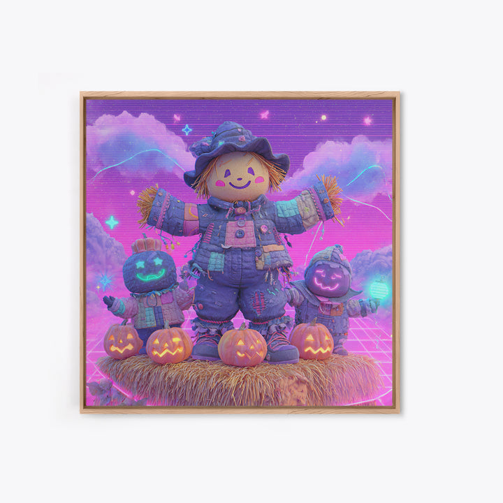 The Button-Nosed Scarecrow, Vaporwave Halloween Decor, Square Wall Art, Canvas Print, Retro Halloween Decor, Neon Wall Art, Macabre Wall Art