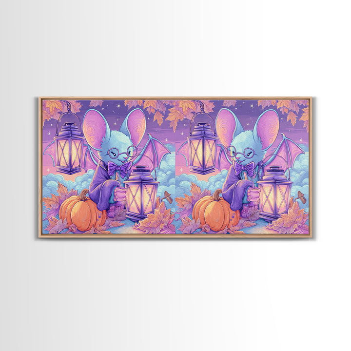 The Bow-Tie Bat, Vaporwave Halloween Decor, Wide Panoramic Art, Framed Canvas Print, Retro Halloween Decor, Neon Wall Art