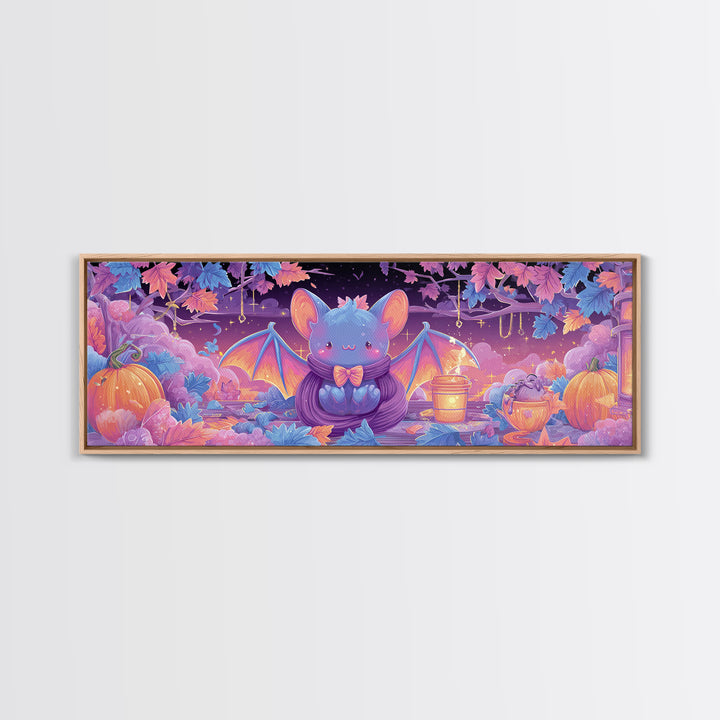 The Bow-Tie Bat, Cute Spooky Neon Art, Extra Wide Wall Art, Canvas Print, Retro Halloween Decor, Neon Wall Art, Dark Fantasy Art