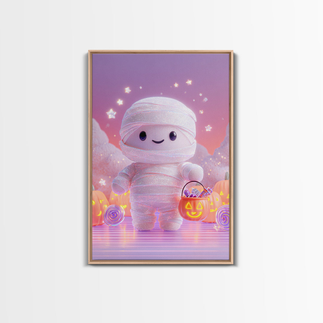 The Shy Little Mummy, Cute Spooky Neon Art, Vertical Wall Art, Framed Canvas Print, Retro Halloween Decor, Neon Wall Art