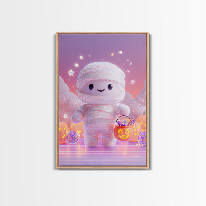 The Shy Little Mummy, Cute Spooky Neon Art, Vertical Wall Art, Framed Canvas Print, Retro Halloween Decor, Neon Wall Art