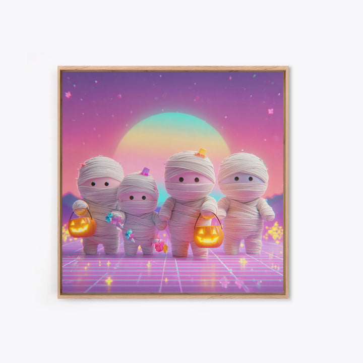 The Shy Little Mummy, Retro Neon Halloween Art, Square Wall Art, Canvas Print, Retro Halloween Decor, Neon Wall Art, Seasonal Home Decor