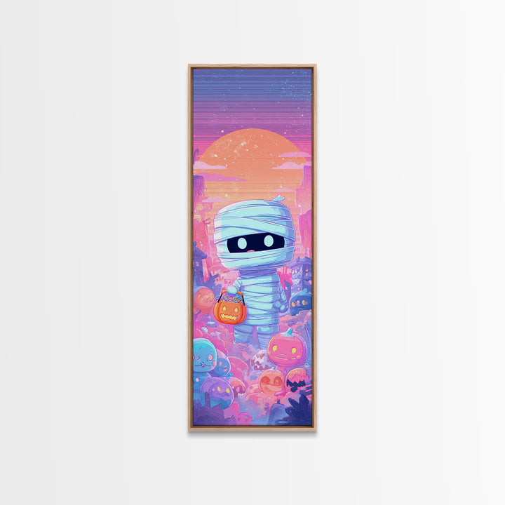 The Shy Little Mummy, Synthwave Halloween Art, Tall Narrow Wall Art, Canvas Print, Retro Halloween Decor, Neon Wall Art