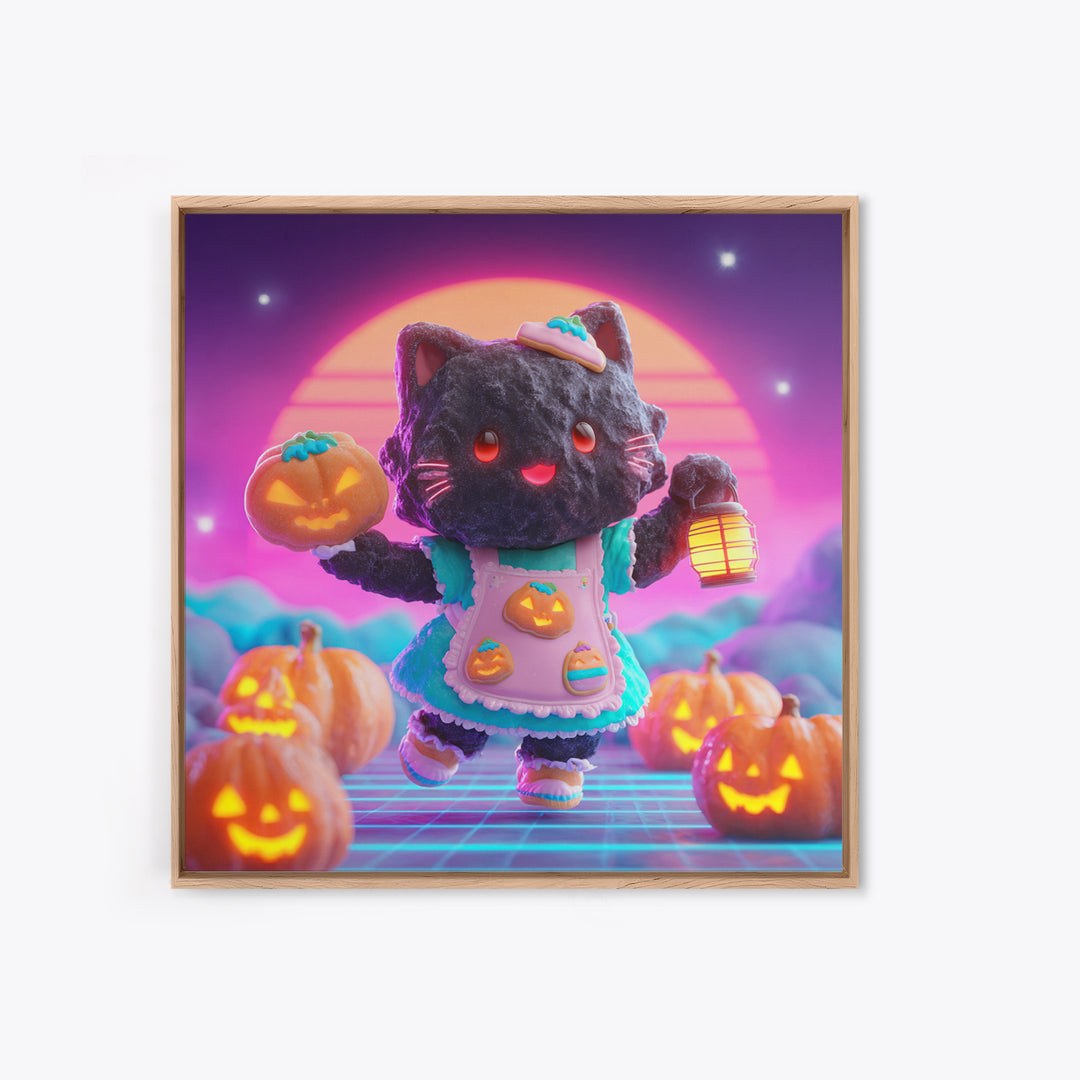 The Black Cat Baker, Vaporwave Halloween Decor, Square Wall Art, Framed Canvas Print, Retro Halloween Decor, Neon Wall Art, Horror Wall Art