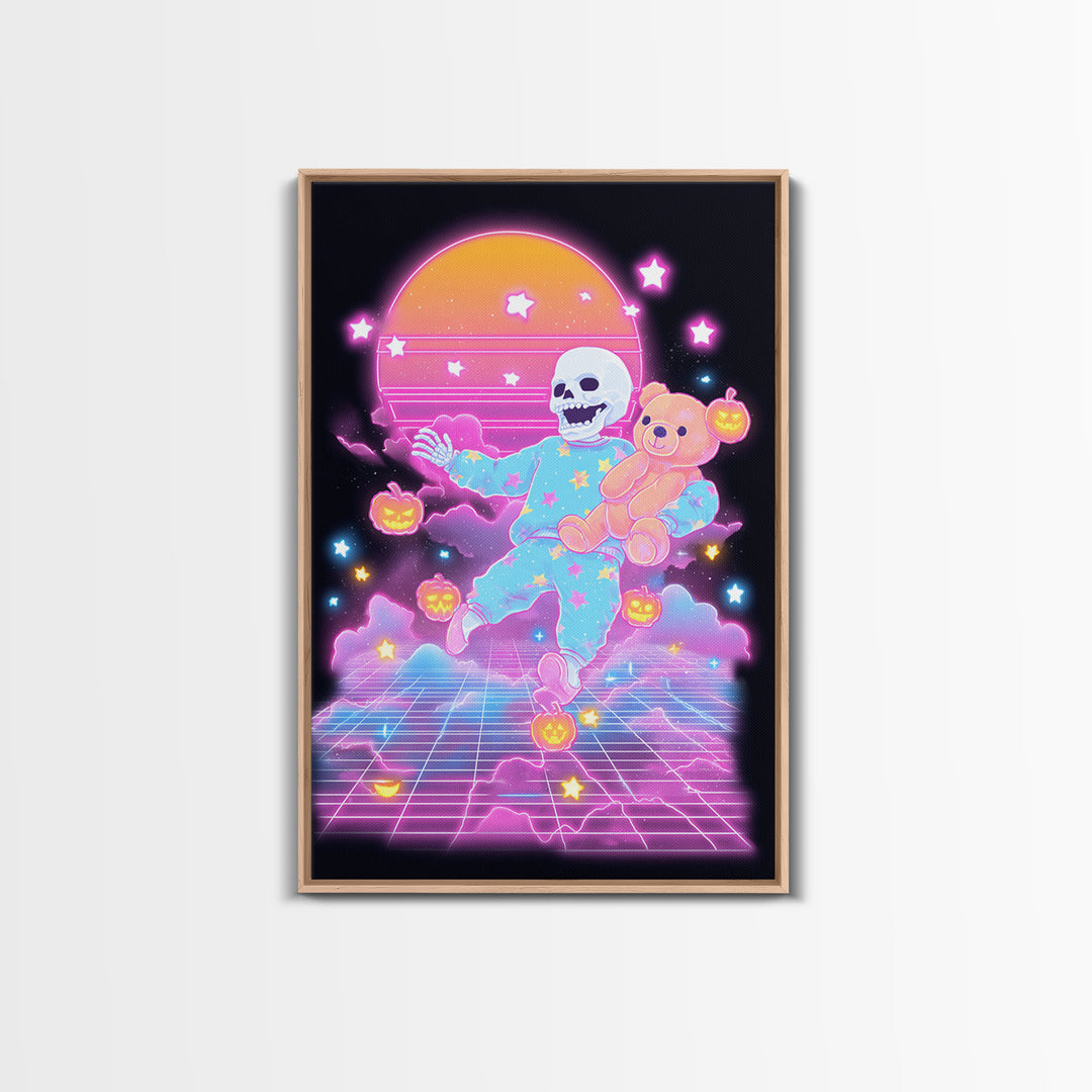 The Pajama Skeleton, Synthwave Halloween Art, Vertical Wall Art, Framed Canvas Print, Retro Halloween Decor, Neon Wall Art