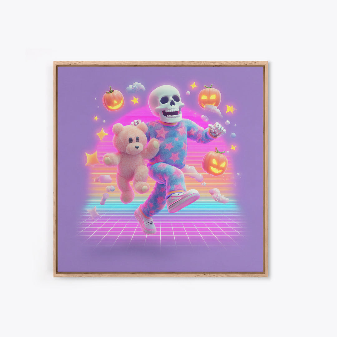 The Pajama Skeleton, Synthwave Halloween Art, Square Wall Art, Canvas Print, Retro Halloween Decor, Neon Wall Art, Spooky Wall Decor