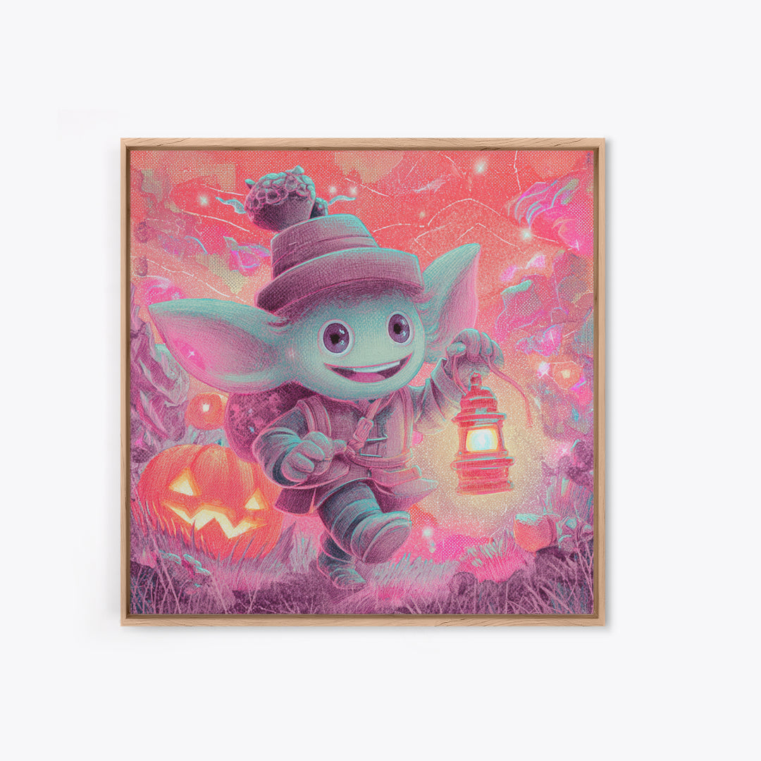 The Acorn Goblin, 80s Halloween Wall Art, Square Wall Art, Framed Canvas Print, Retro Halloween Decor, Neon Wall Art, Collectible Wall Decor