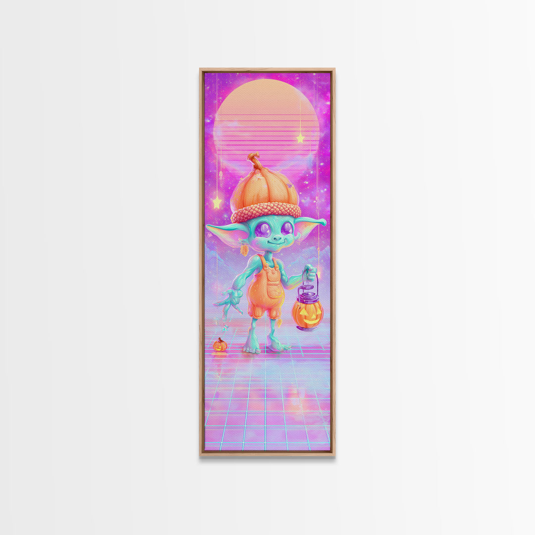 The Acorn Goblin, 80s Halloween Wall Art, Tall Narrow Wall Art, Framed Canvas Print, Retro Halloween Decor, Neon Wall Art, Macabre Wall Art