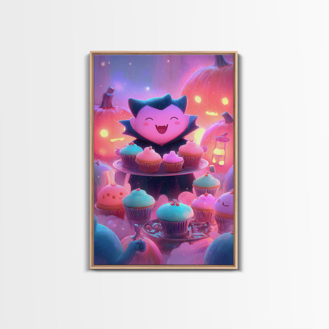 The Cupcake Vampire, Vaporwave Halloween Decor, Vertical Wall Art, Framed Canvas Print, Retro Halloween Decor, Neon Wall Art