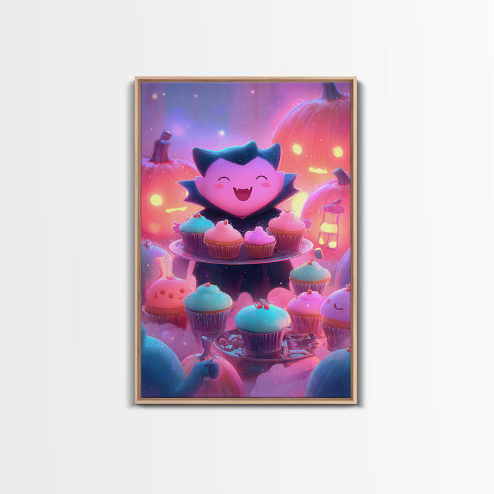 The Cupcake Vampire, Vaporwave Halloween Decor, Vertical Wall Art, Framed Canvas Print, Retro Halloween Decor, Neon Wall Art