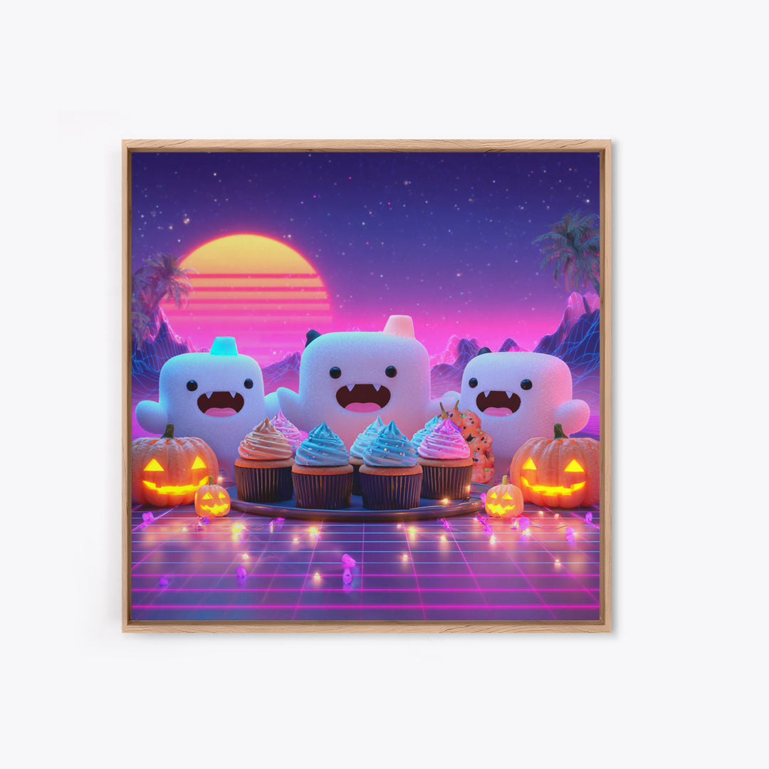 The Cupcake Vampire, Synthwave Halloween Art, Square Wall Art, Framed Canvas Print, Retro Halloween Decor, Neon Wall Art, Horror Wall Art