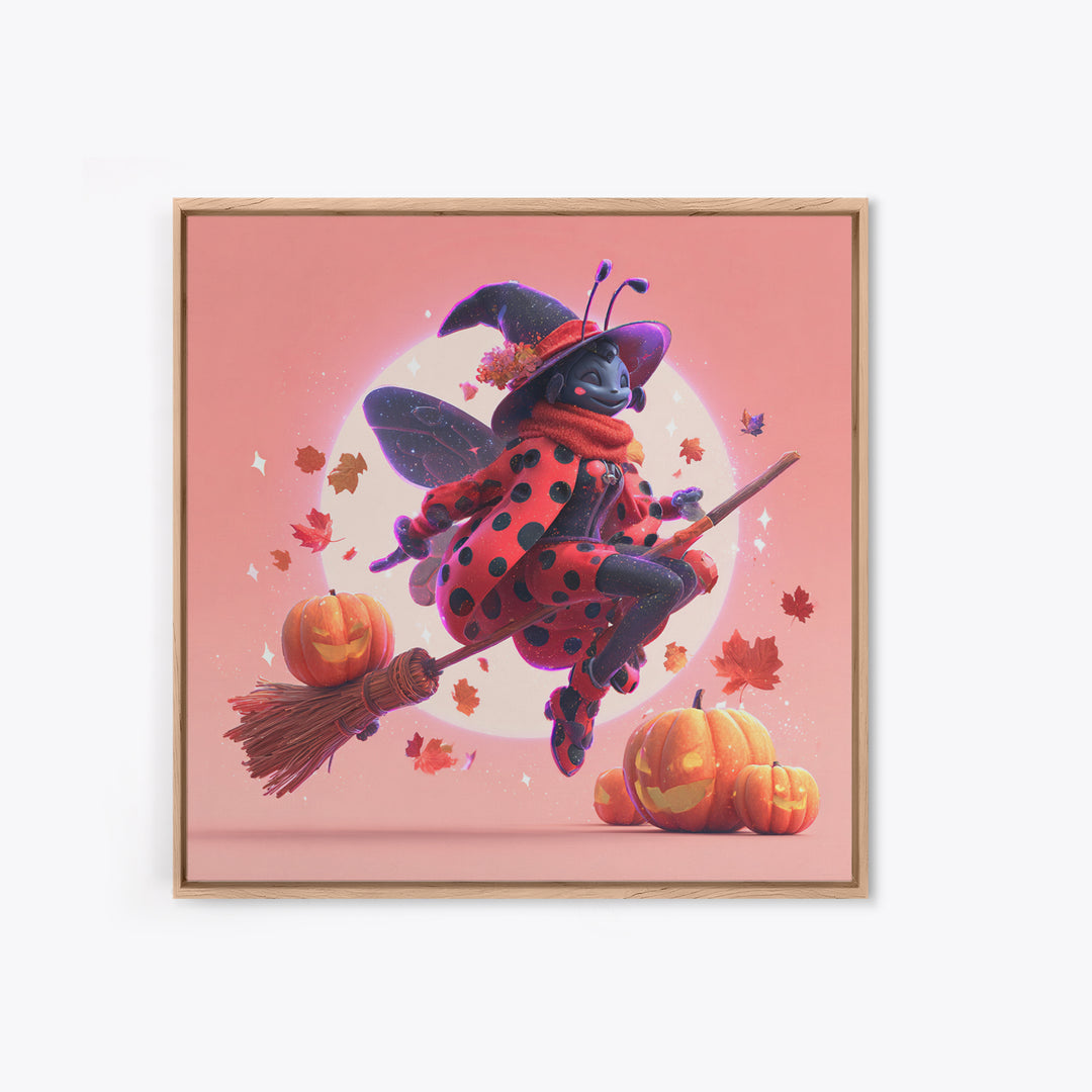 The Ladybug Witch, Retro Neon Halloween Art, Square Wall Art, Canvas Print, Retro Halloween Decor, Neon Wall Art, Halloween Wall Art