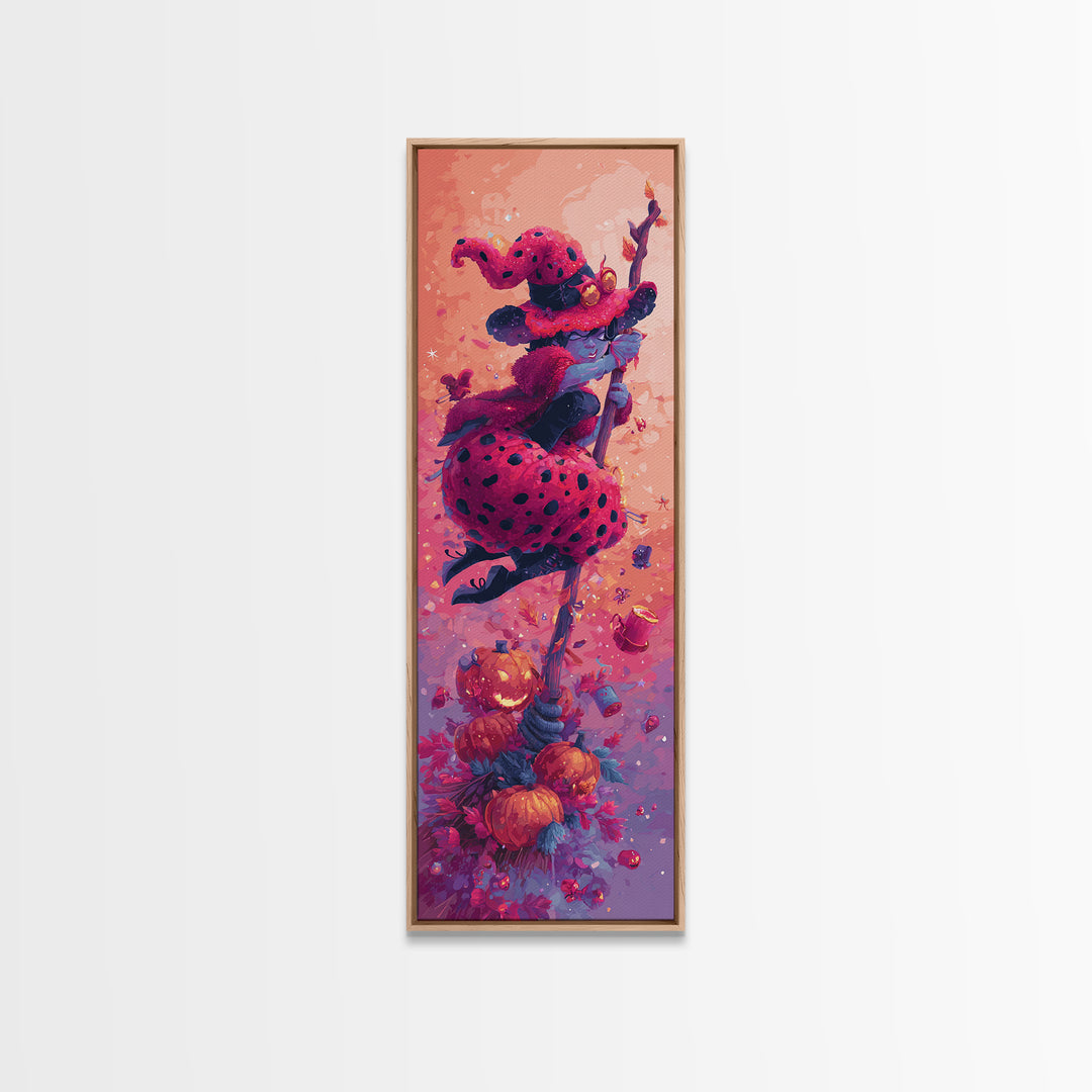 The Ladybug Witch, Retro Neon Halloween Art, Tall Narrow Wall Art, Canvas Print, Retro Halloween Decor, Neon Wall Art, Statement Wall Art