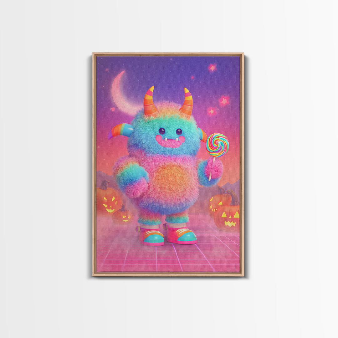 The Rainbow Monster, Vaporwave Halloween Decor, Vertical Wall Art, Canvas Print, Retro Halloween Decor, Neon Wall Art, Dark Fantasy Art