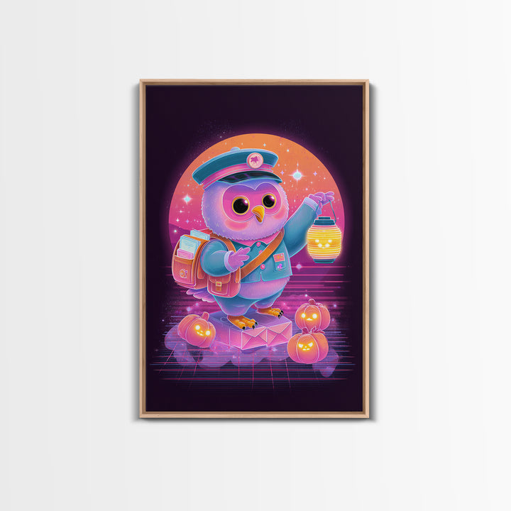 The Owl Postmaster, Cute Spooky Neon Art, Vertical Wall Art, Framed Canvas Print, Retro Halloween Decor, Neon Wall Art, Halloween Wall Art