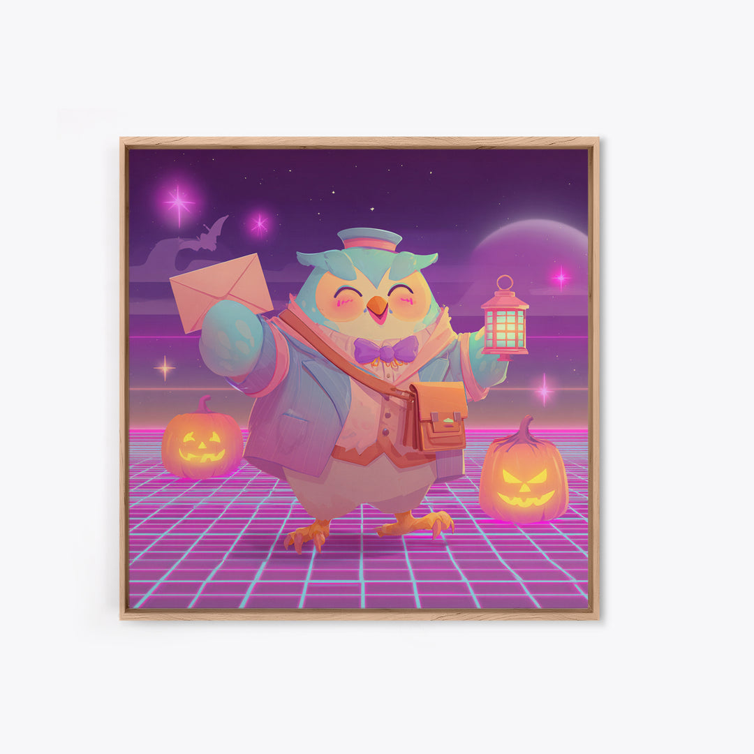 The Owl Postmaster, Retro Neon Halloween Art, Square Wall Art, Framed Canvas Print, Retro Halloween Decor, Neon Wall Art, Halloween Wall Art