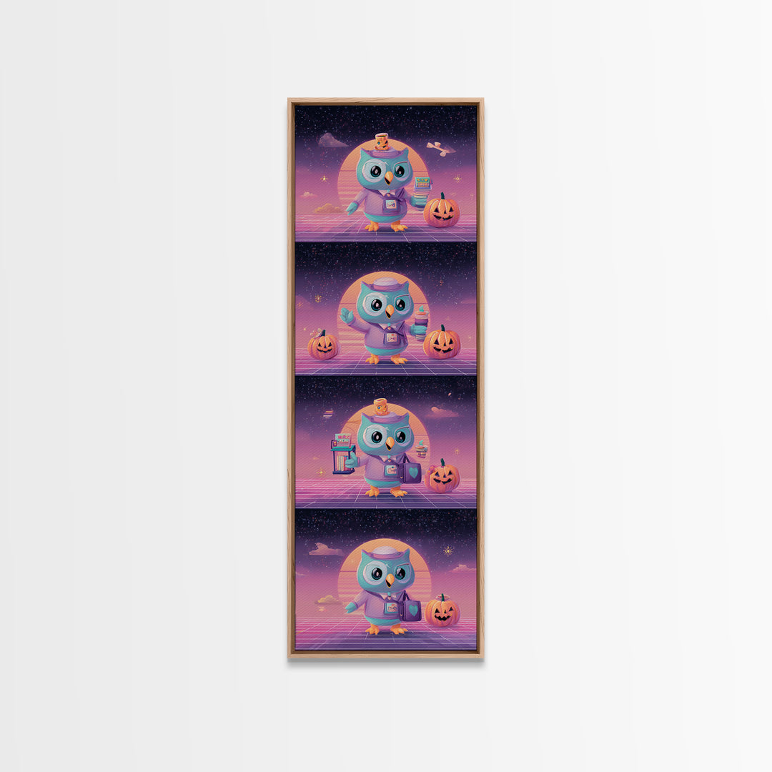 The Owl Postmaster, Vaporwave Halloween Decor, Tall Narrow Wall Art, Framed Canvas Print, Retro Halloween Decor, Neon Wall Art