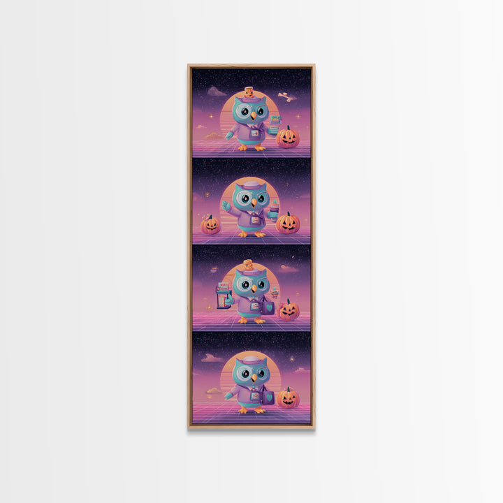 The Owl Postmaster, Vaporwave Halloween Decor, Tall Narrow Wall Art, Framed Canvas Print, Retro Halloween Decor, Neon Wall Art