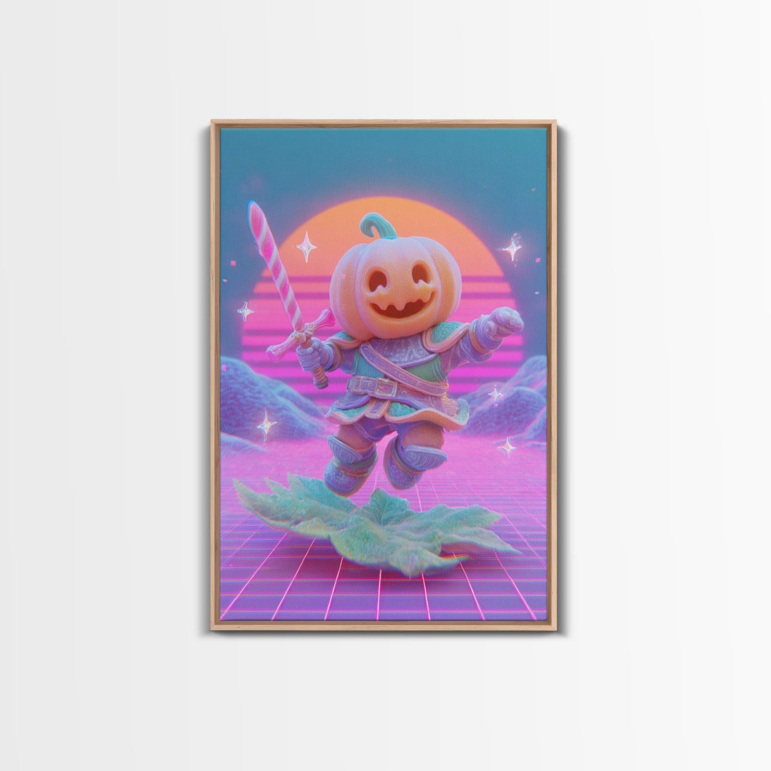 The Pumpkin Knight, 80s Halloween Wall Art, Vertical Wall Art, Framed Canvas Print, Retro Halloween Decor, Neon Wall Art, Horror Wall Art