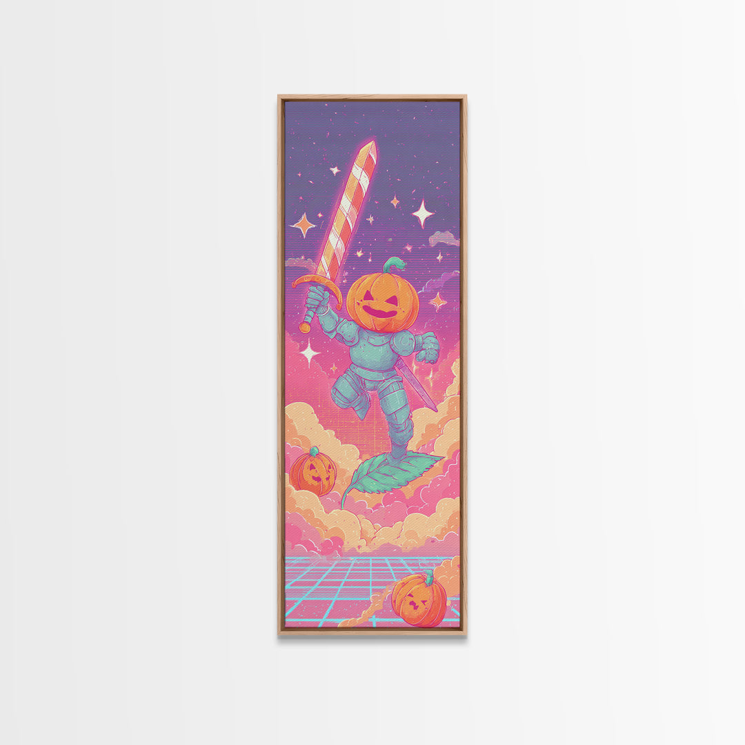 The Pumpkin Knight, Cute Spooky Neon Art, Tall Narrow Wall Art, Canvas Print, Retro Halloween Decor, Neon Wall Art, Dark Fantasy Art