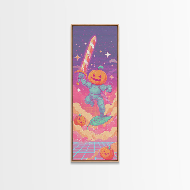The Pumpkin Knight, Cute Spooky Neon Art, Tall Narrow Wall Art, Canvas Print, Retro Halloween Decor, Neon Wall Art, Dark Fantasy Art