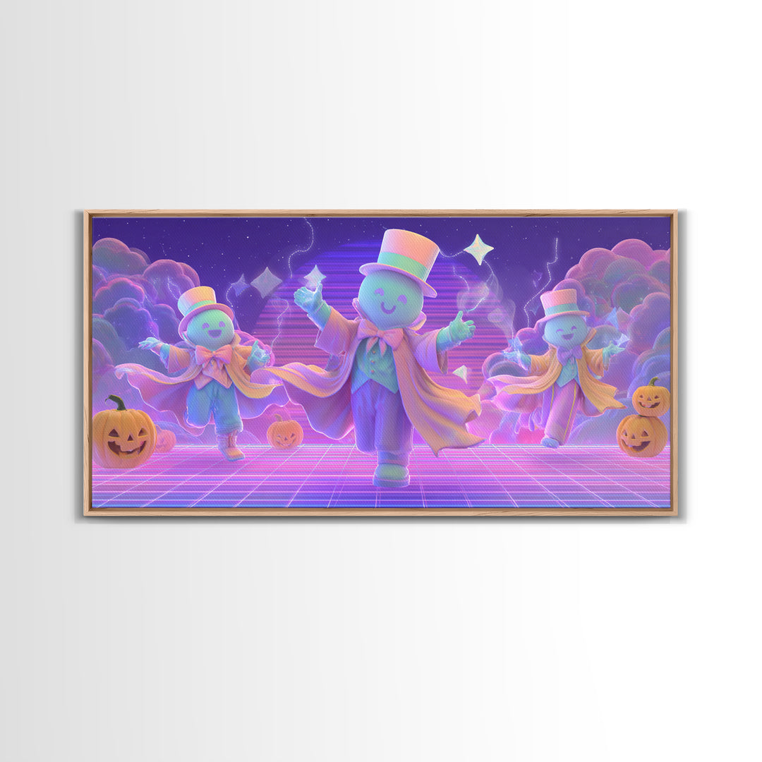 The Star-Cape Magician, Synthwave Halloween Art, Wide Panoramic Art, Framed Canvas Print, Retro Halloween Decor, Neon Wall Art