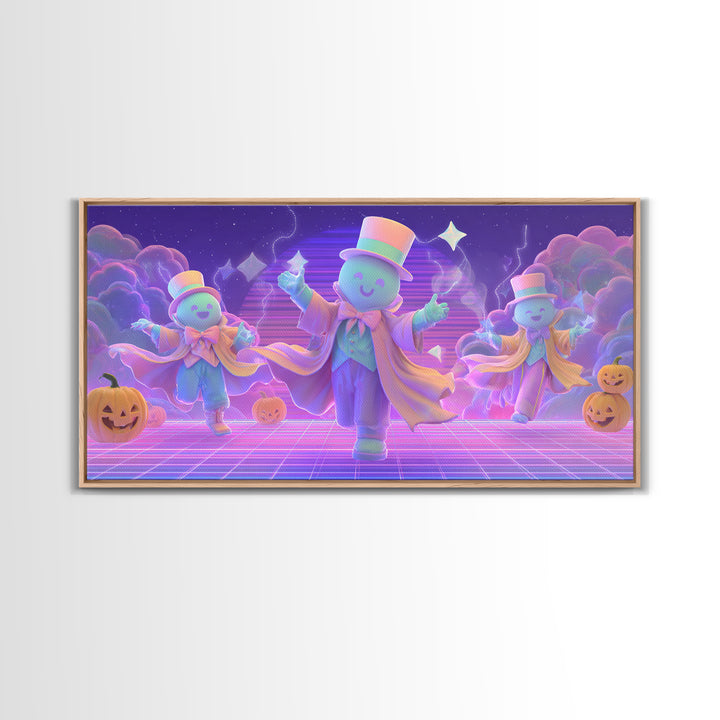 The Star-Cape Magician, Synthwave Halloween Art, Wide Panoramic Art, Framed Canvas Print, Retro Halloween Decor, Neon Wall Art