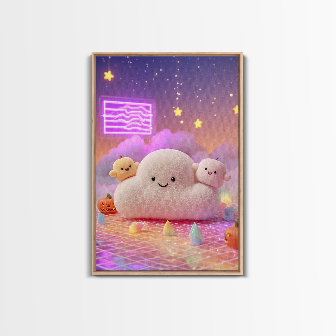 The Cloud Ghost, Retro Neon Halloween Art, Vertical Wall Art, Canvas Print, Retro Halloween Decor, Neon Wall Art, Seasonal Home Decor