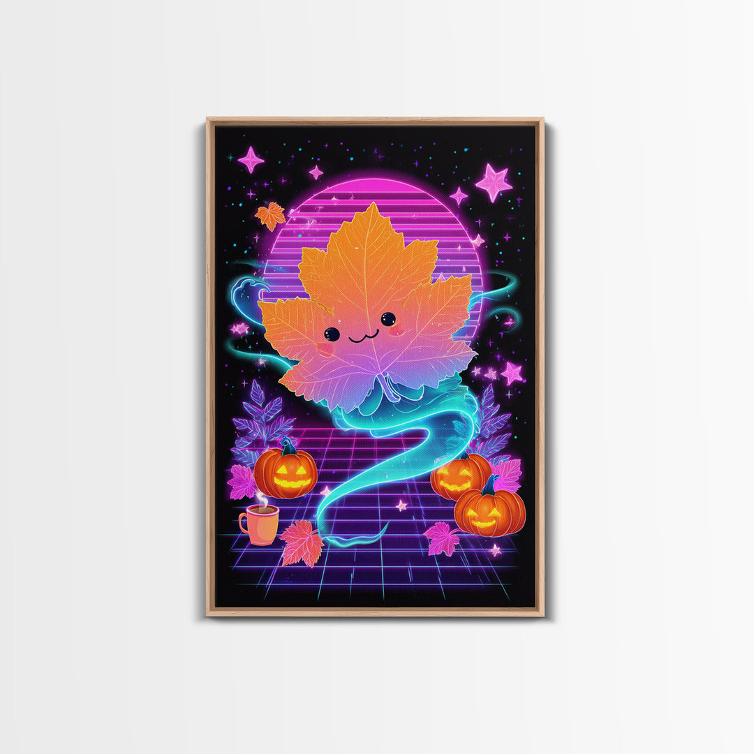 The Autumn Leaf Sprite, Retro Neon Halloween Art, Vertical Wall Art, Canvas Print, Retro Halloween Decor, Neon Wall Art, Horror Wall Art