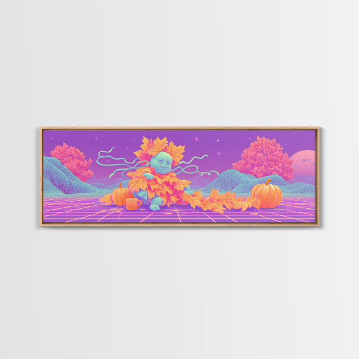 The Autumn Leaf Sprite, Retro Neon Halloween Art, Extra Wide Wall Art, Framed Canvas Print, Retro Halloween Decor, Neon Wall Art