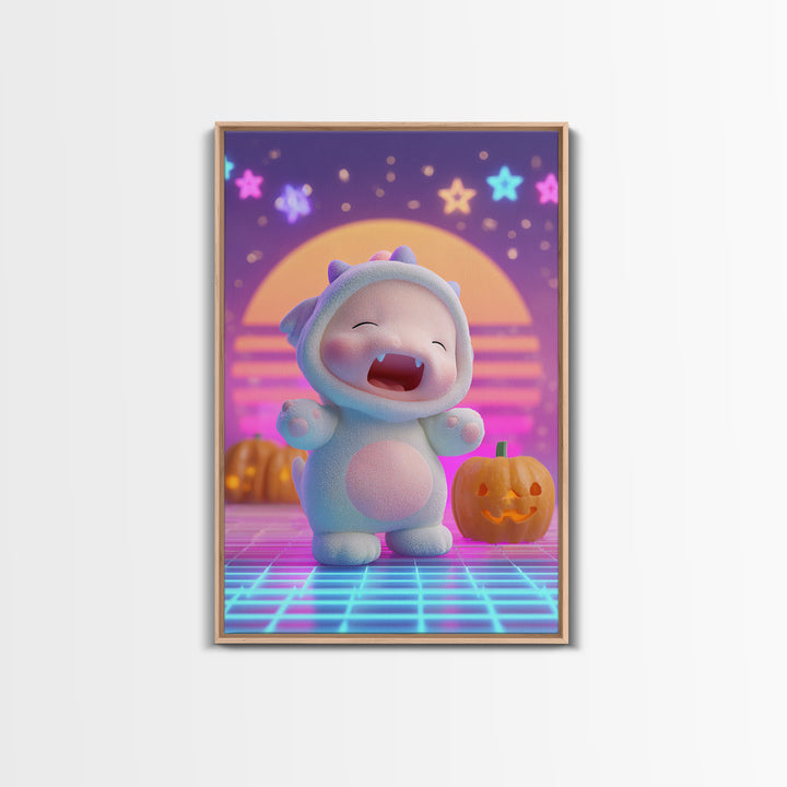 The Sleepy Costume Dragon, Synthwave Halloween Art, Vertical Wall Art, Canvas Print, Retro Halloween Decor, Neon Wall Art, Gothic Home Decor