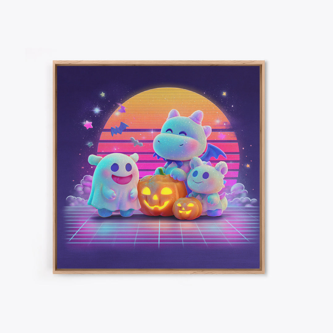 The Sleepy Costume Dragon, Vaporwave Halloween Decor, Square Wall Art, Canvas Print, Retro Halloween Decor, Neon Wall Art