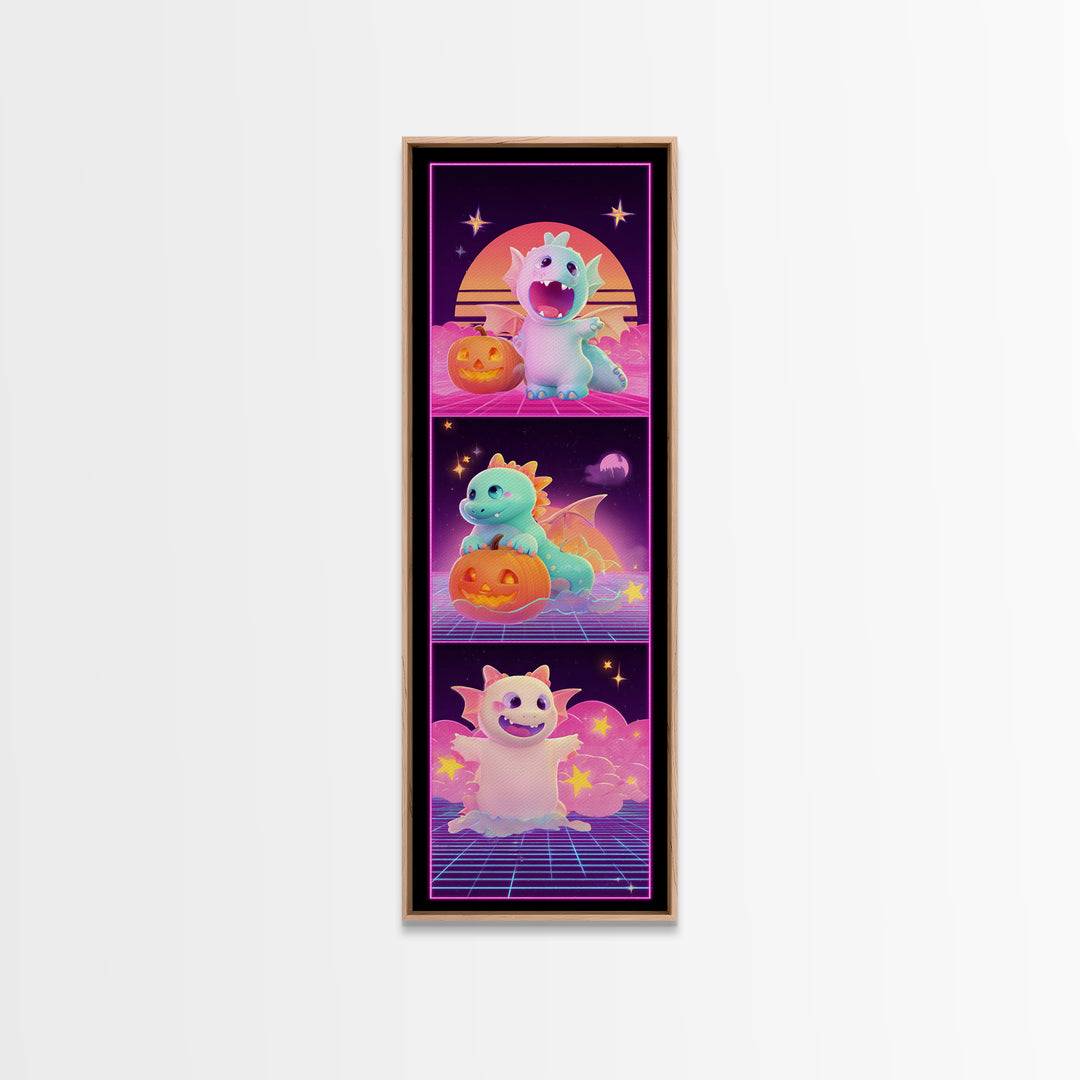 The Sleepy Costume Dragon, Synthwave Halloween Art, Tall Narrow Wall Art, Canvas Print, Retro Halloween Decor, Neon Wall Art