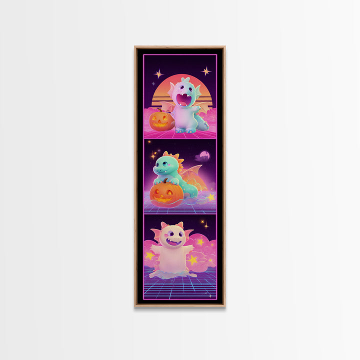 The Sleepy Costume Dragon, Synthwave Halloween Art, Tall Narrow Wall Art, Canvas Print, Retro Halloween Decor, Neon Wall Art
