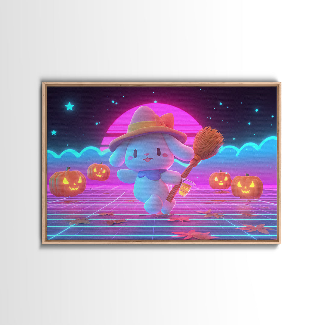 The Bunny Witch, Retro Neon Halloween Art, Landscape Wall Art, Framed Canvas Print, Retro Halloween Decor, Neon Wall Art